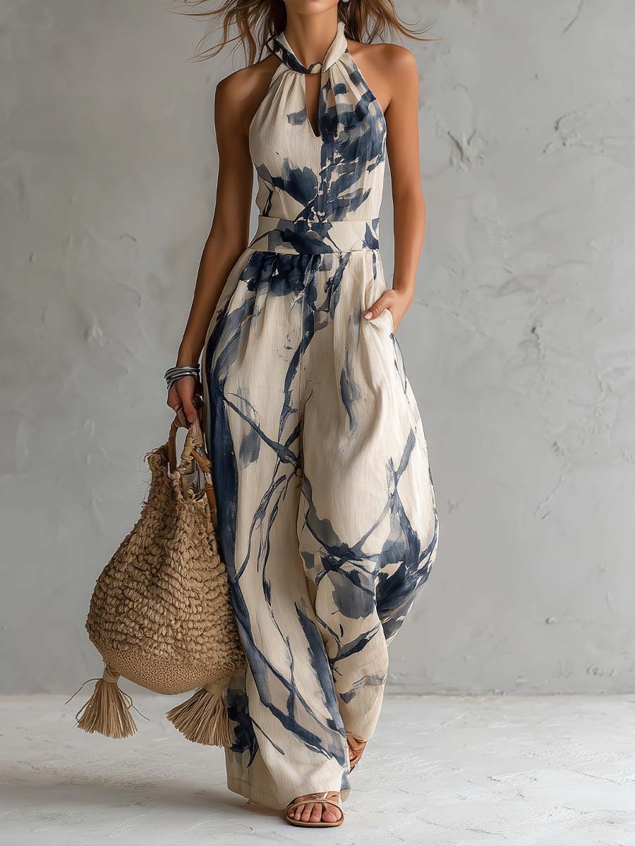 Combinaison femme à col licou et jambes larges avec poches