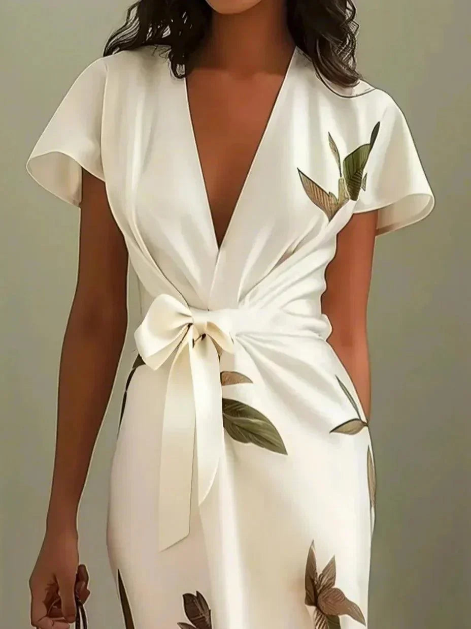 Women’s Floral Wrap Midi Dress with Tie Waist