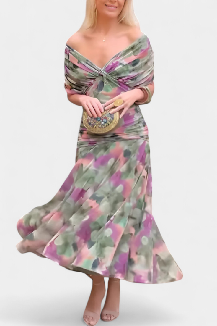 Women's Maxi Dress with V-Neck and Ruched Waist