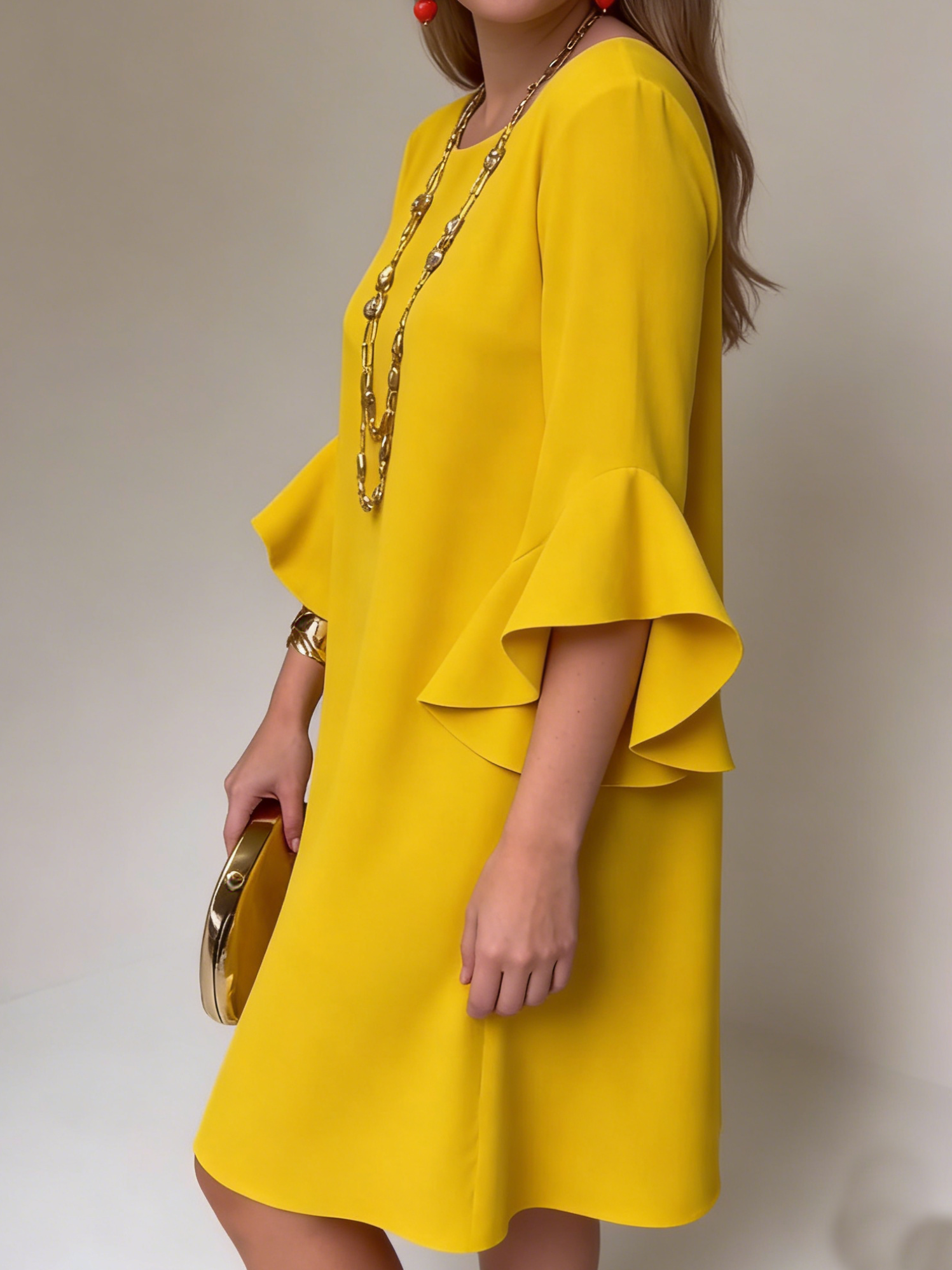 Women's Fluid Midi Dress with Ruffle Sleeves