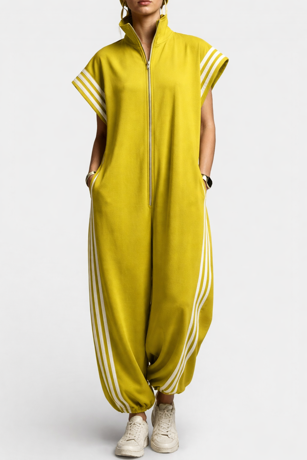 Women's Zip-Up Jumpsuit with Contrast Stripes