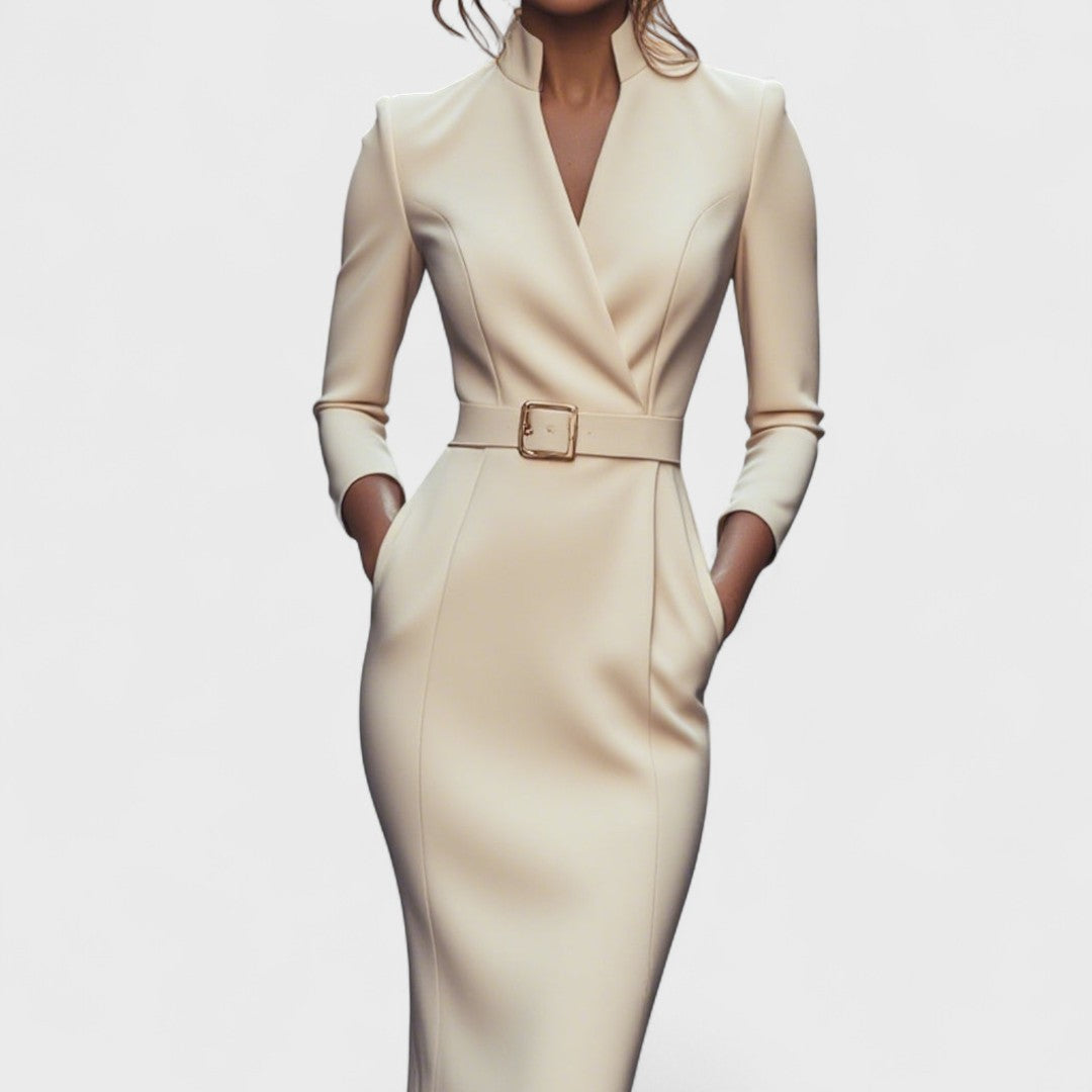 Women's Midi Dress with Mandarin Collar and Belt