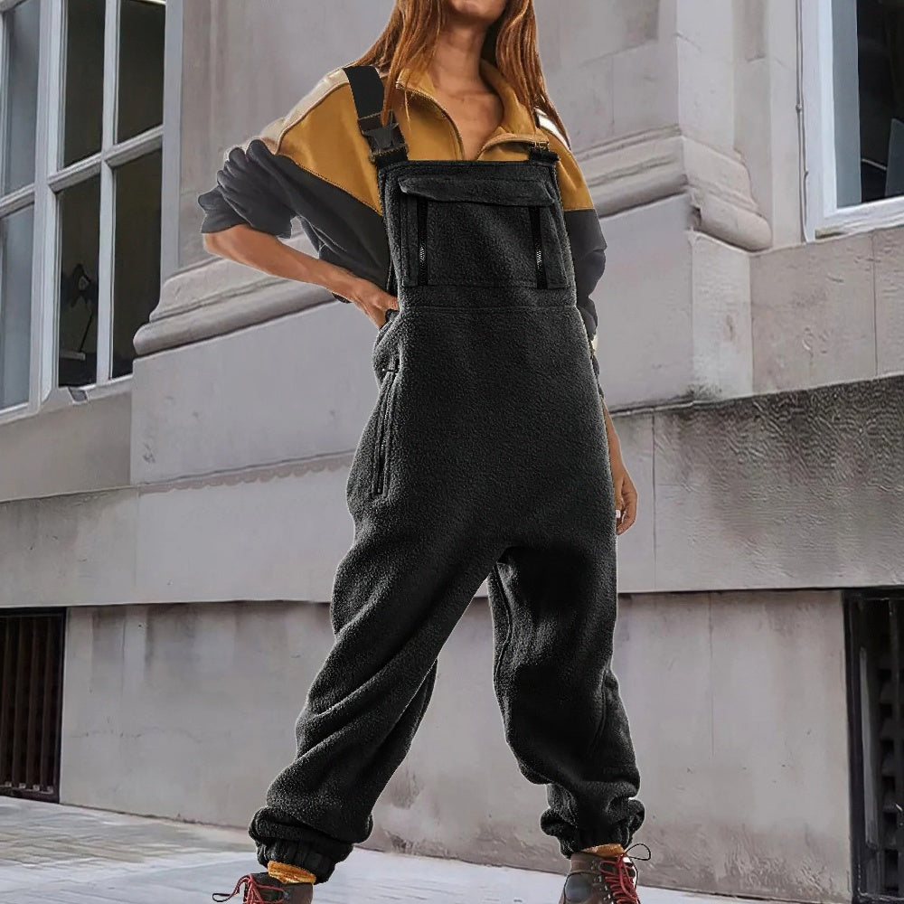 Women's Cozy Fleece Overall Jumpsuit with Adjustable Straps