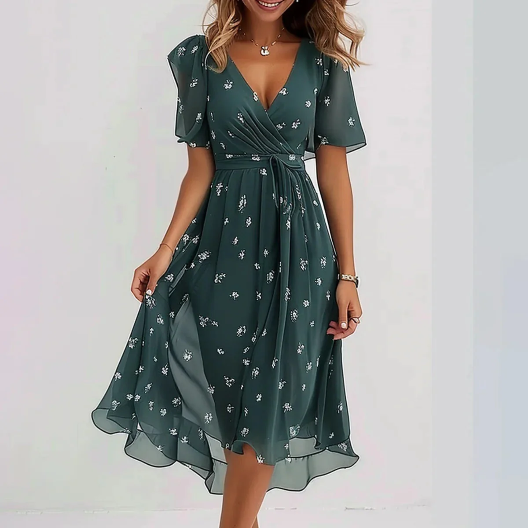 Robe midi portefeuille fleurie femme style estival élégant