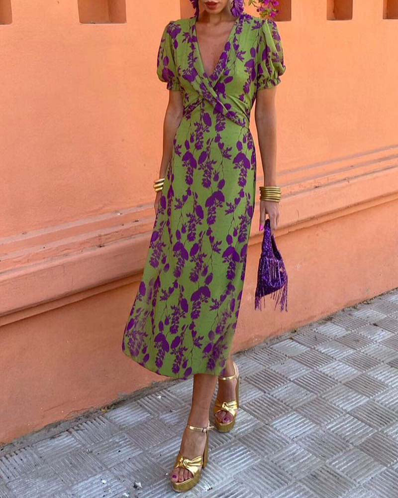 Women's Floral Wrap V-Neck Puff Sleeve Midi Dress