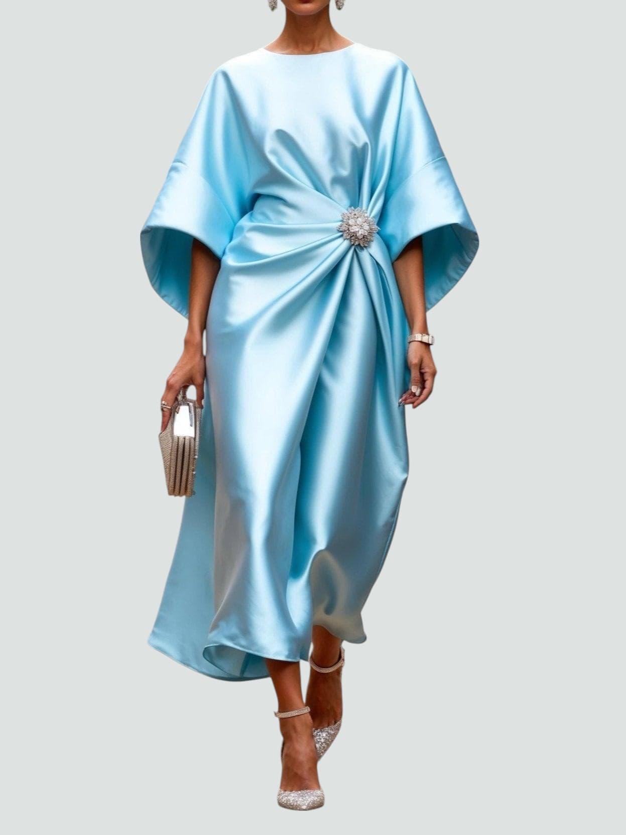 Robe midi élégante drapée avec détail broche pour femme