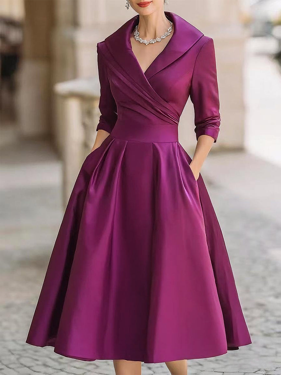 Robe midi élégante col à revers cintrée et évasée