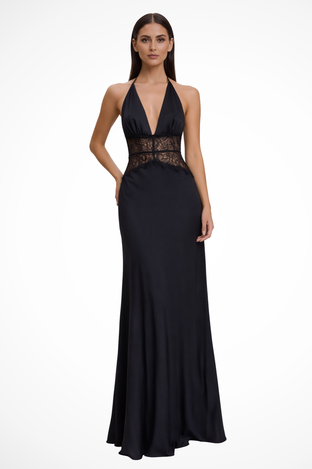 Women's Halter Neck Backless Maxi Dress with Lace Waist Detail