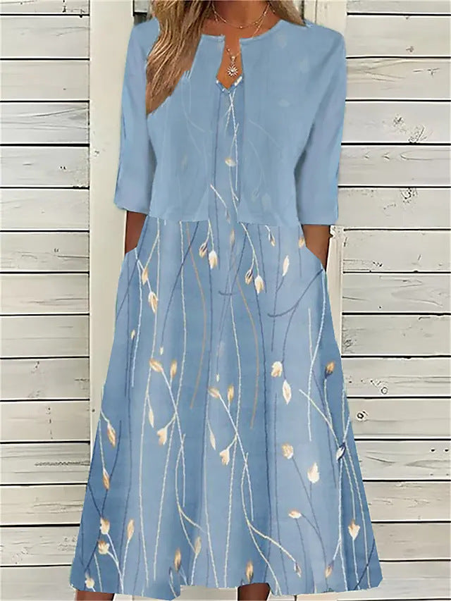 Vestido midi estampado para mujer con cubre brazos de manga 3/4