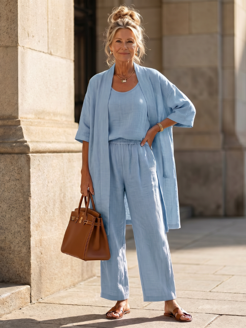 Ensemble détente trois pièces pour femme avec cardigan ouvert