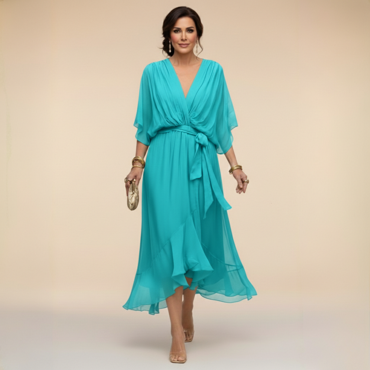 Robe midi pour femme avec col en V et taille ajustable