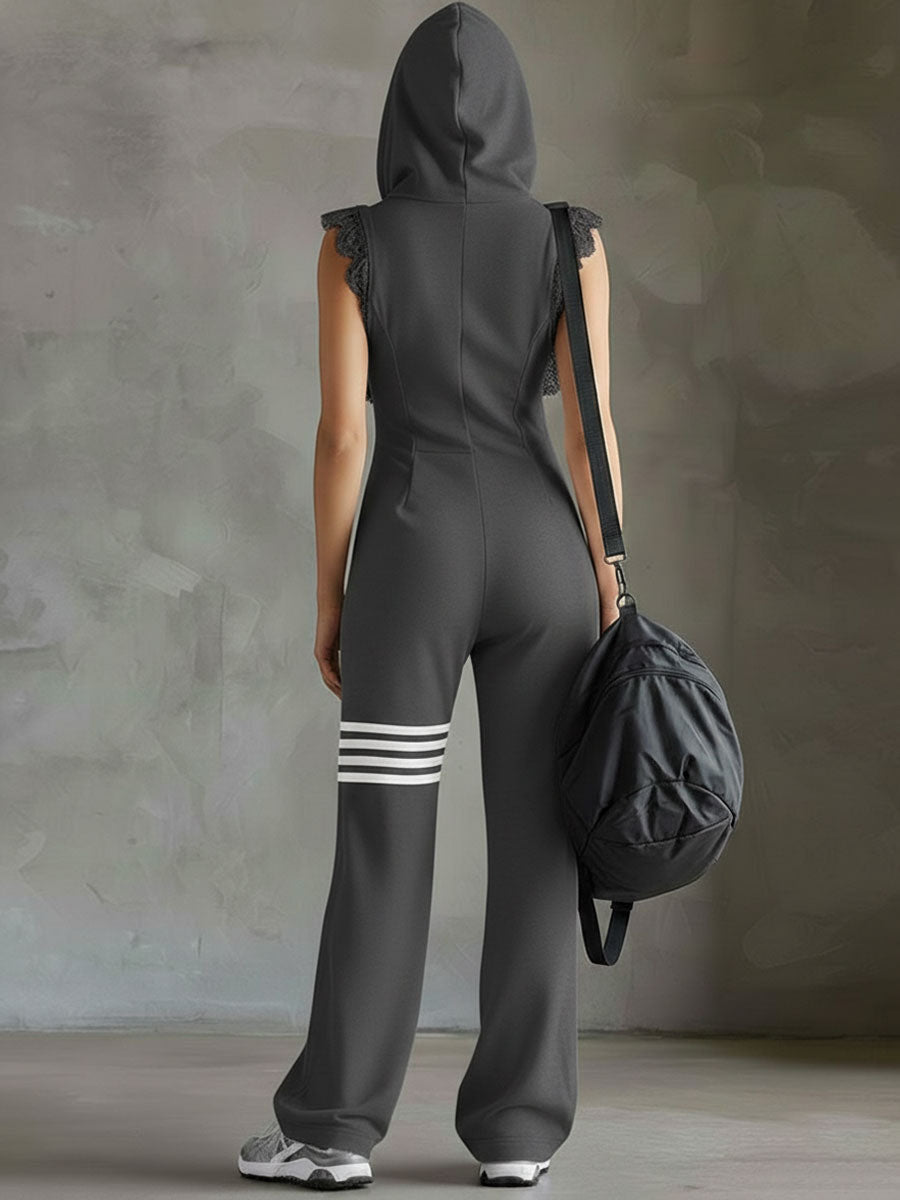 Combinaison sportive à capuche pour femme avec fermeture éclair et jambes larges