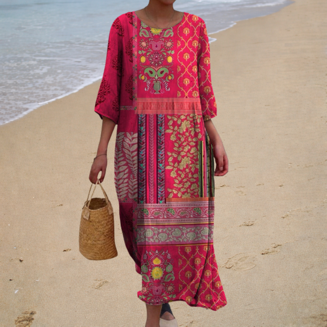 Women’s Relaxed Fit ¾-Sleeve Boho Summer Maxi Dress
