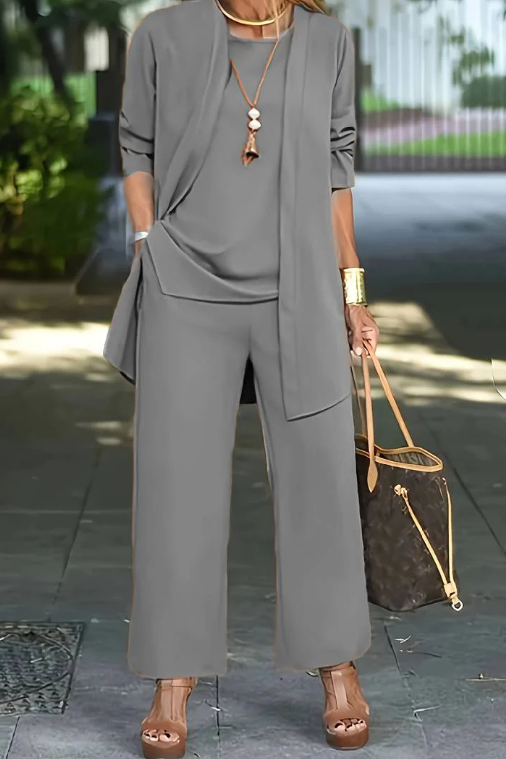 Women's Three-Piece Draped Cardigan & Wide-Leg Pants Set