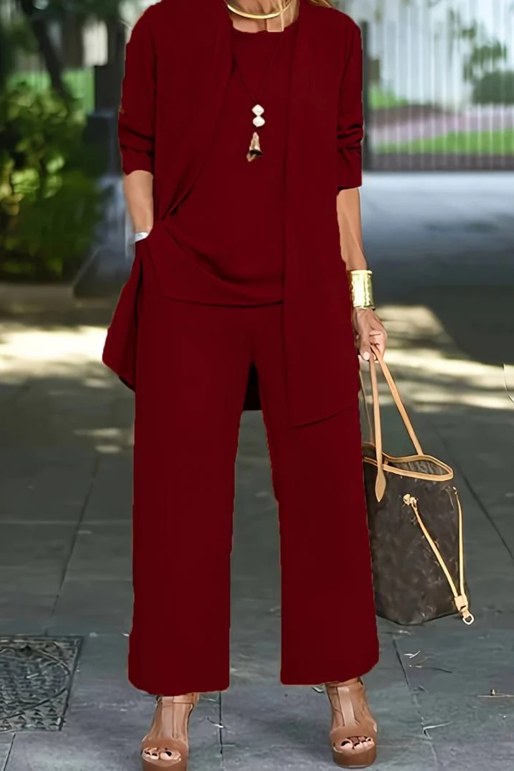 Women's Three-Piece Draped Cardigan & Wide-Leg Pants Set