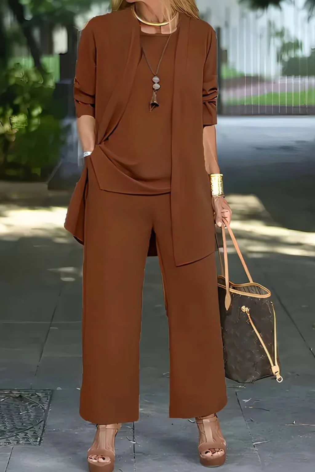 Women's Three-Piece Draped Cardigan & Wide-Leg Pants Set