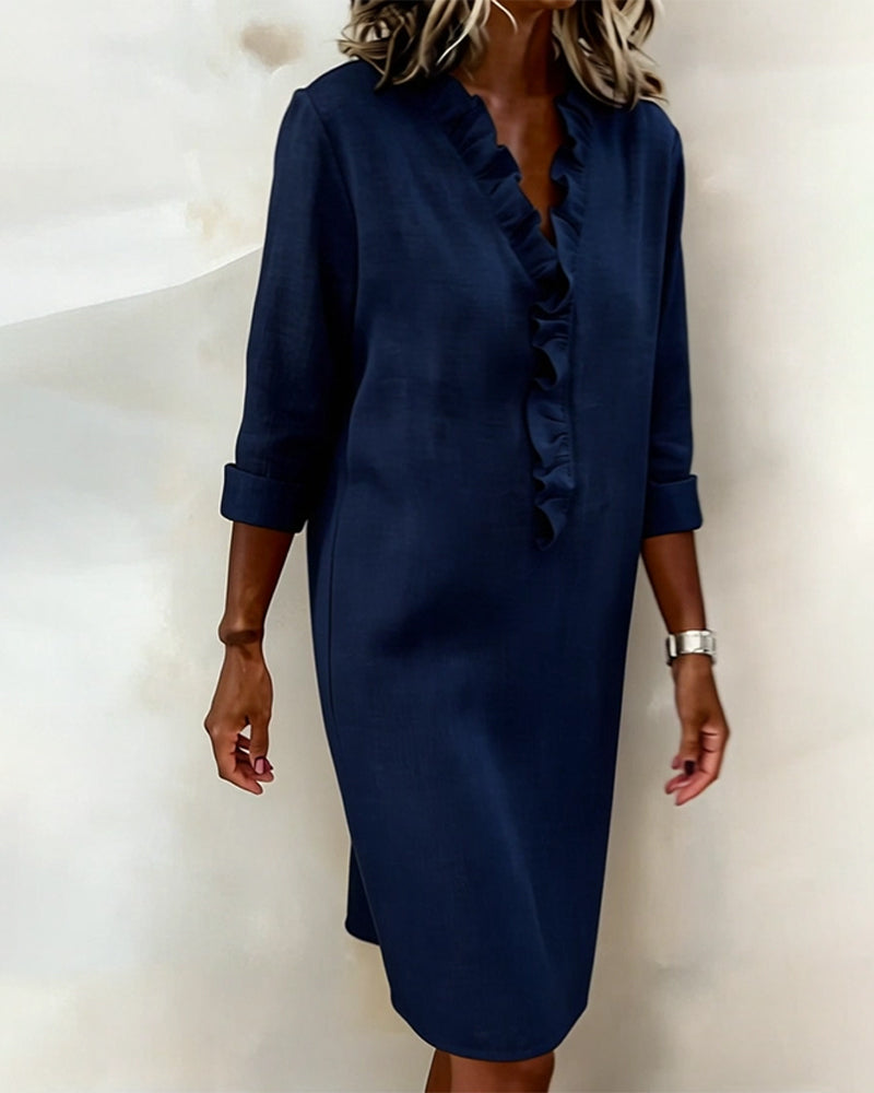 Women's Elegant Knee-Length Dress with Ruffled V-Neck