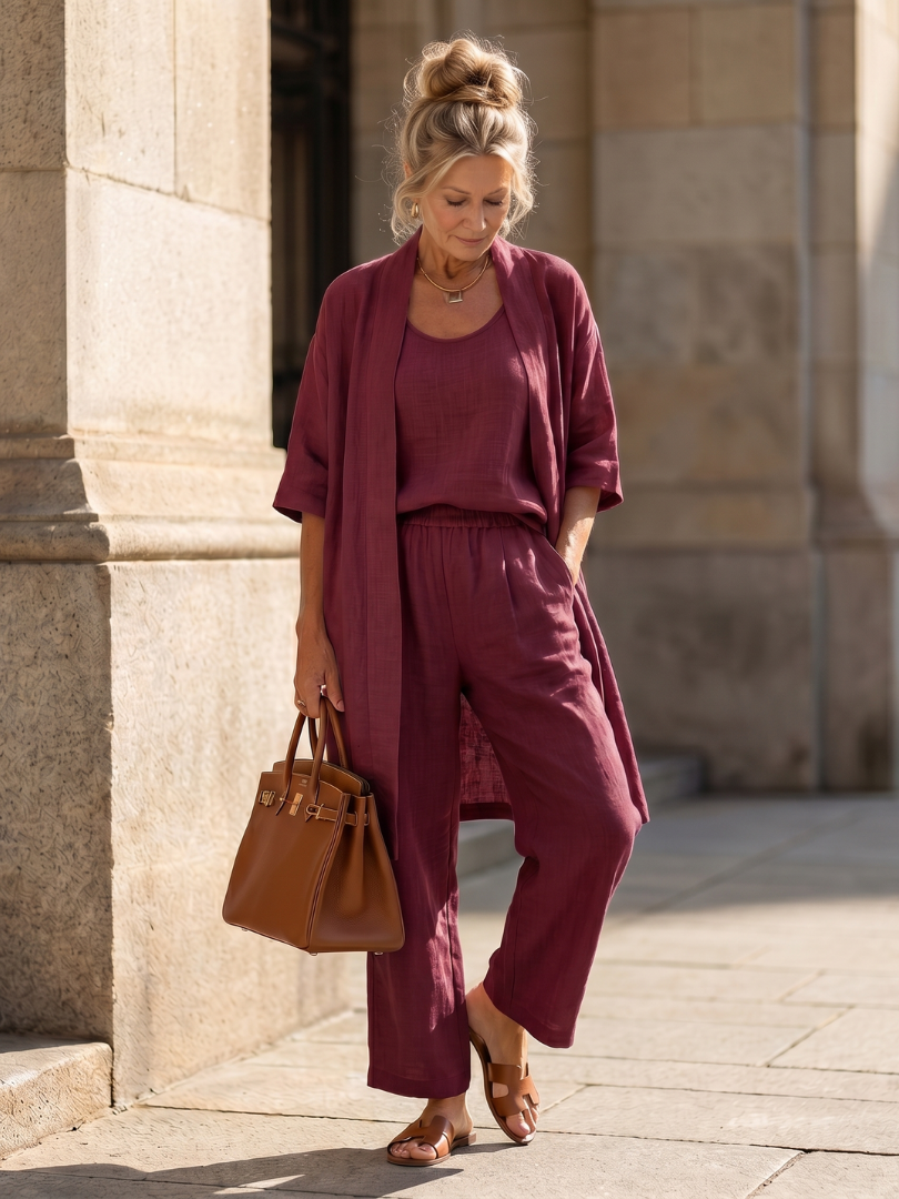 Ensemble détente trois pièces pour femme avec cardigan ouvert