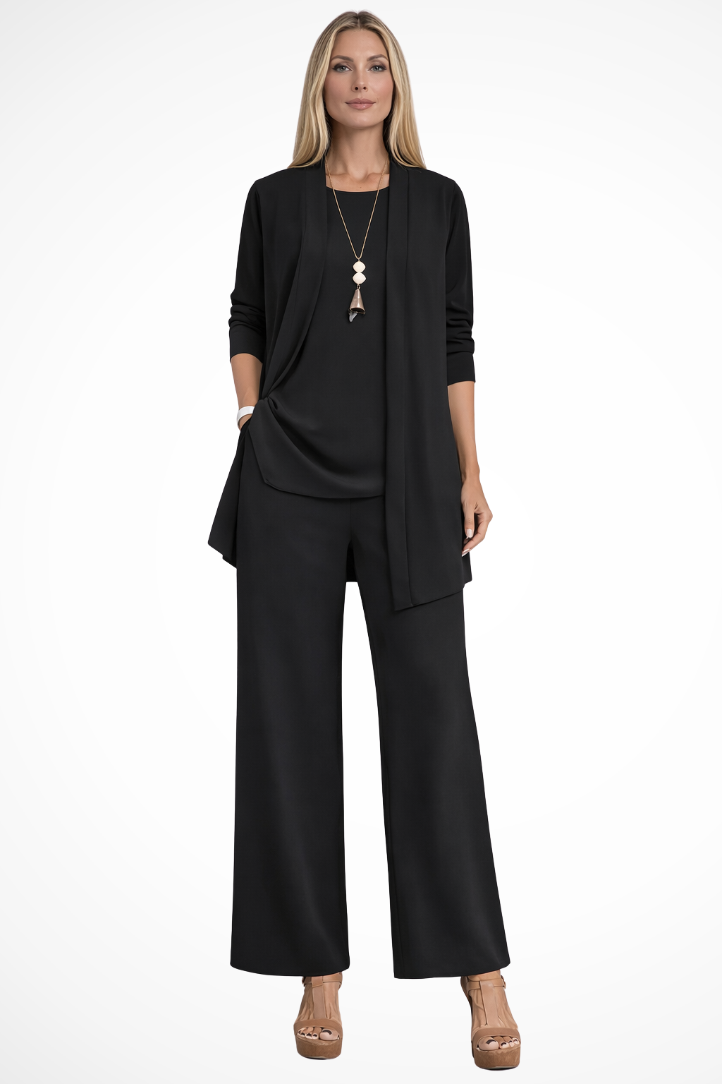 Women's Three-Piece Draped Cardigan & Wide-Leg Pants Set