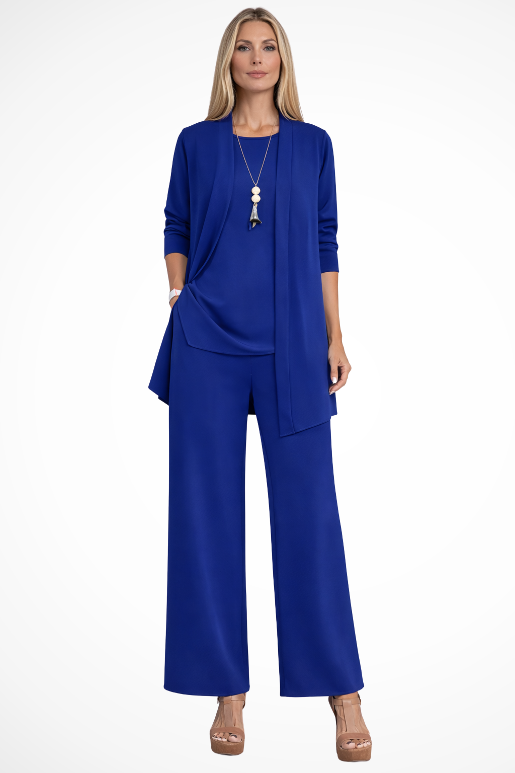 Women's Three-Piece Draped Cardigan & Wide-Leg Pants Set