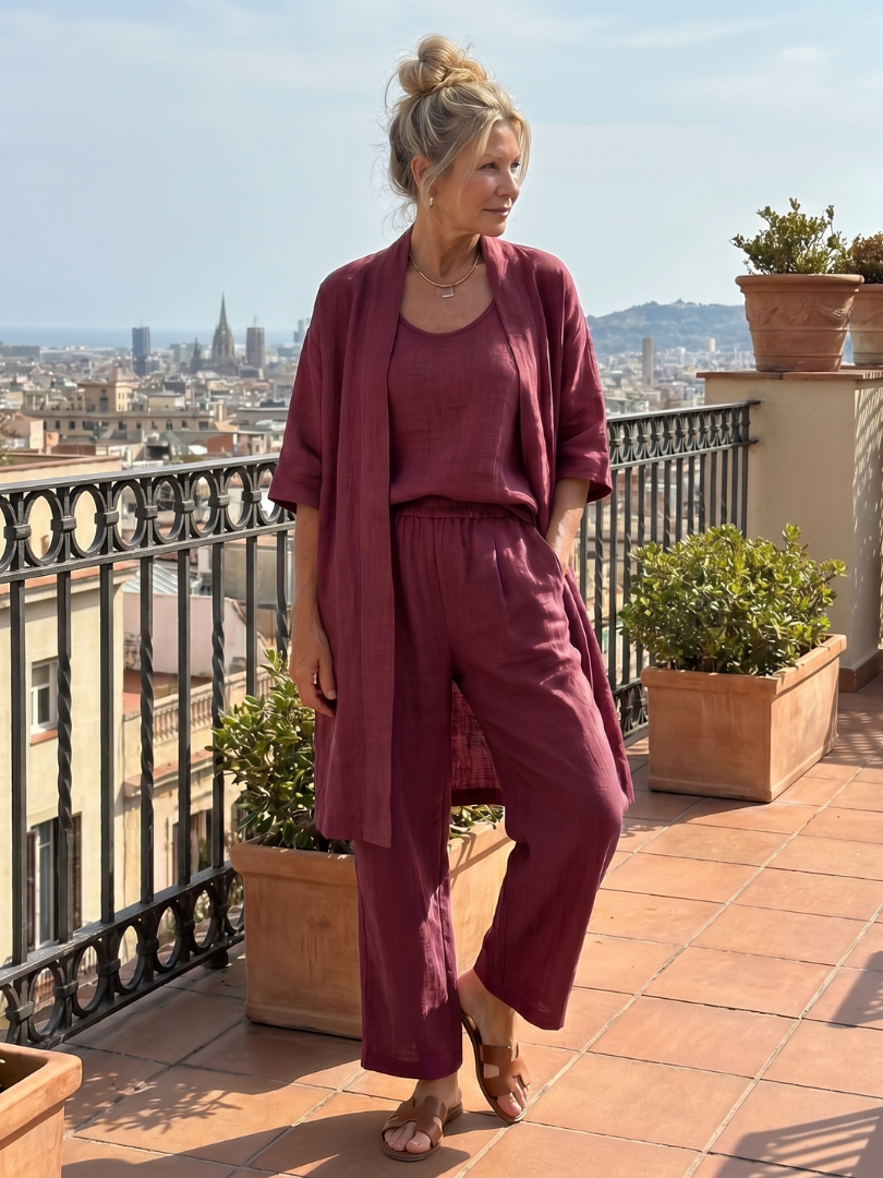 Ensemble détente trois pièces pour femme avec cardigan ouvert