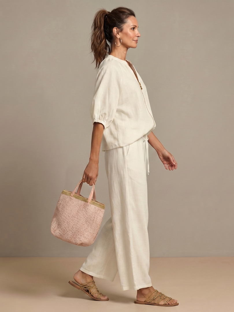 Women's Zip Front Blouson Top Wide Leg Set