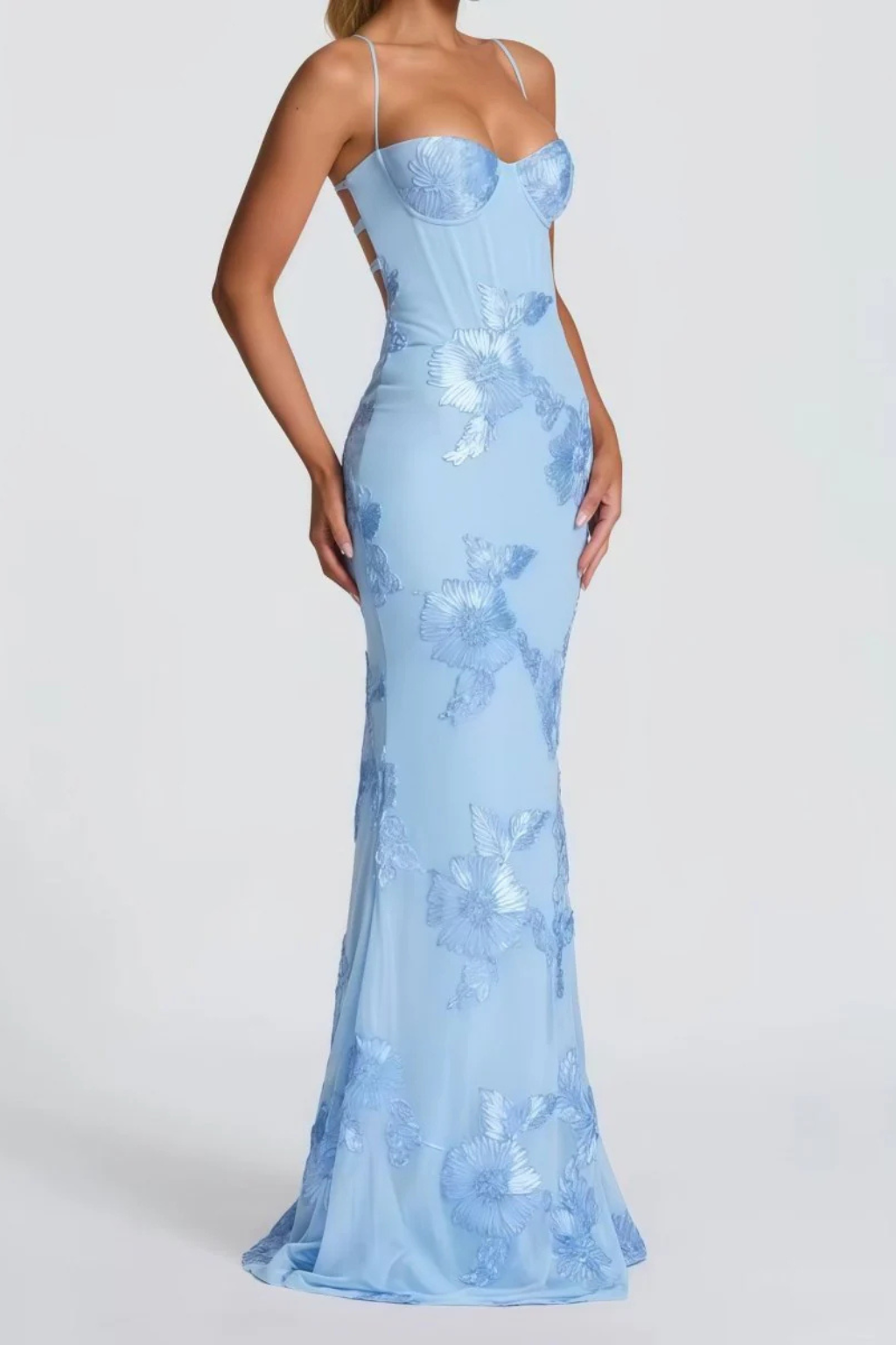 Robe longue corset brodée de fleurs pour femme avec bretelles fines