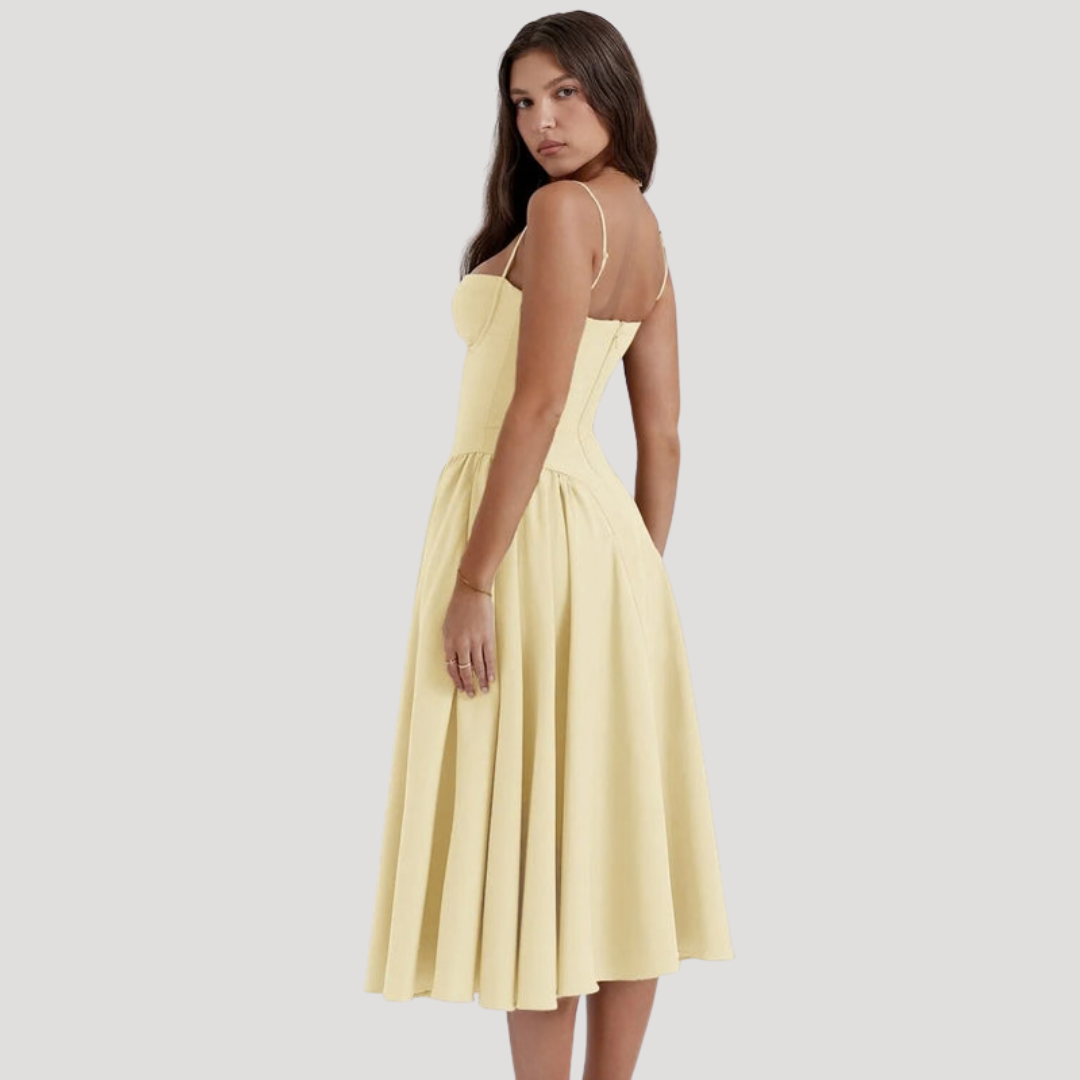 Women's Sweetheart Corset Bodice Midi Dress with Full A-Line Skirt