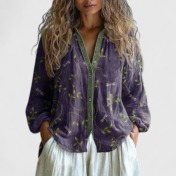 Blouse Mykayla à imprimé feuilles rétro pour femmes