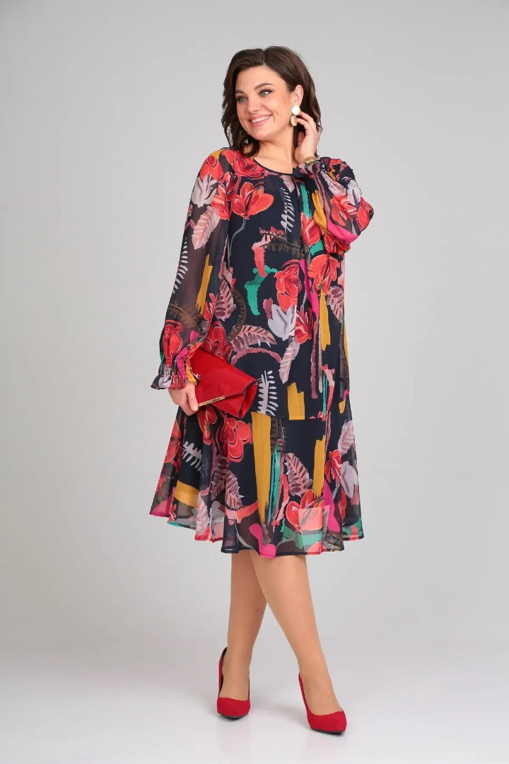 Robe évasée en chiffon à fleurs vives pour femme