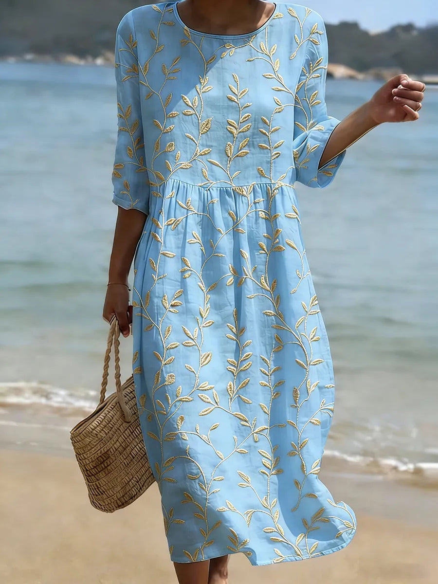 Women's Leaf Embroidered Midi Dress with Three Quarter Sleeves