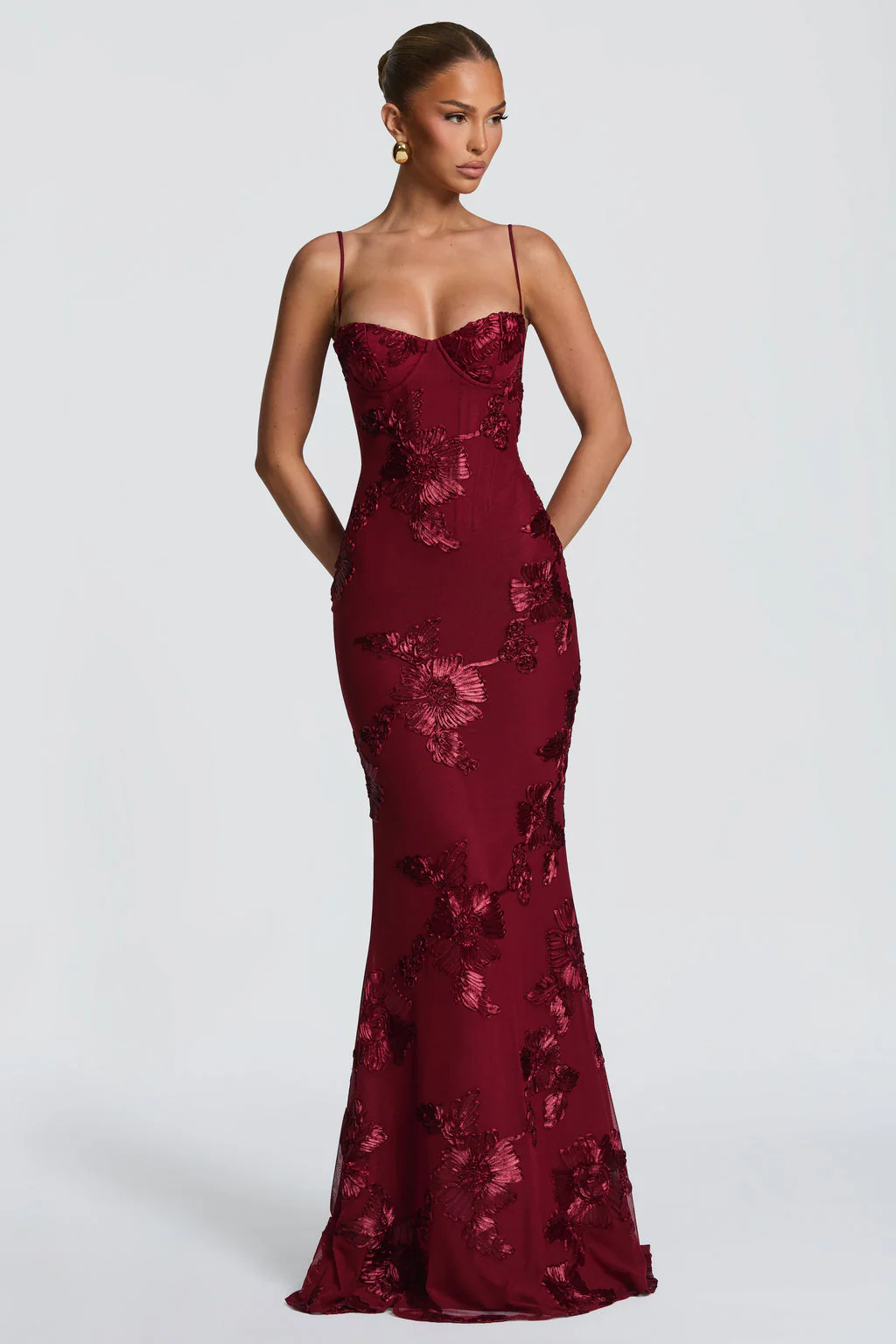 Robe longue corset brodée de fleurs pour femme avec bretelles fines