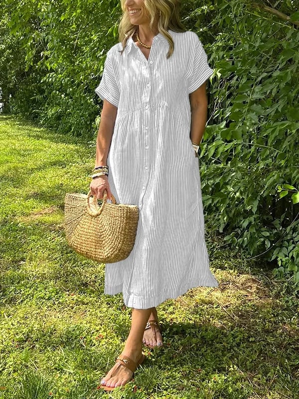 Robe chemise midi boutonnée femme manches courtes