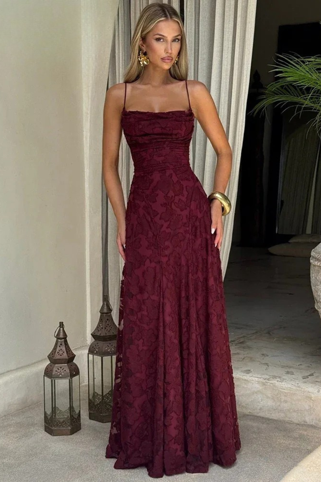 Women’s Lace Strap Backless Maxi Evening Dress