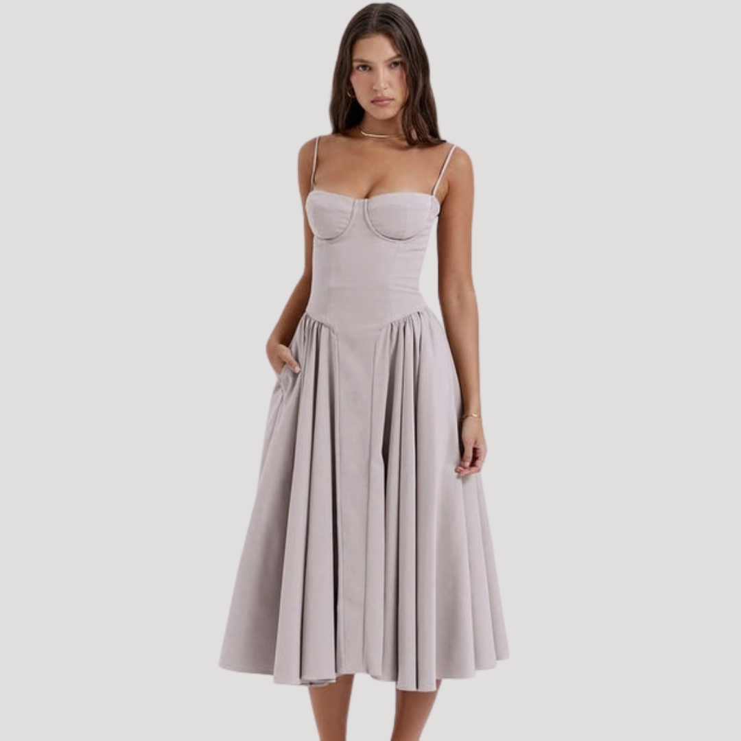 Women's Sweetheart Corset Bodice Midi Dress with Full A-Line Skirt