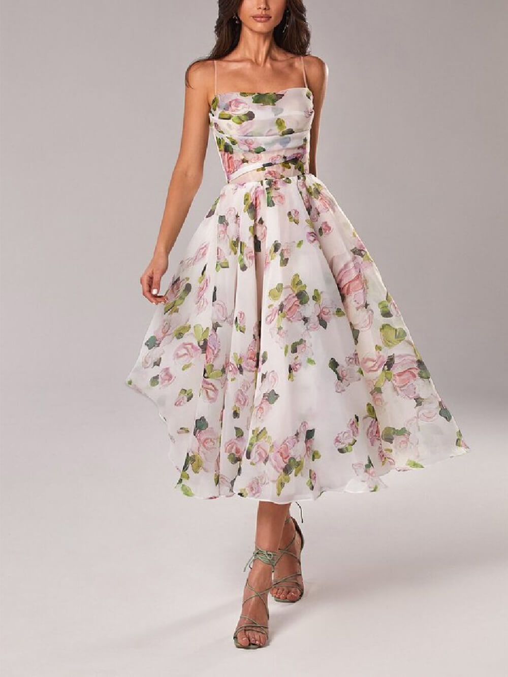 Robe midi évasée imprimée pour femme, bustier sans bretelles