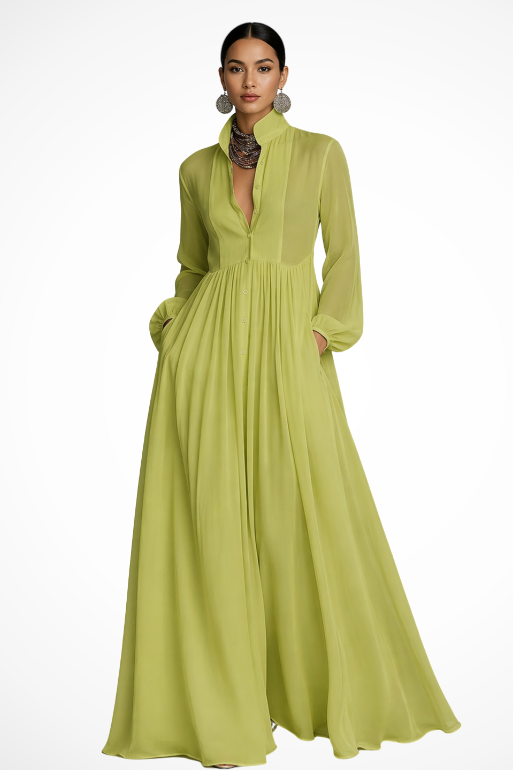 Women's Long Sleeve Button Front Maxi Dress with Pockets