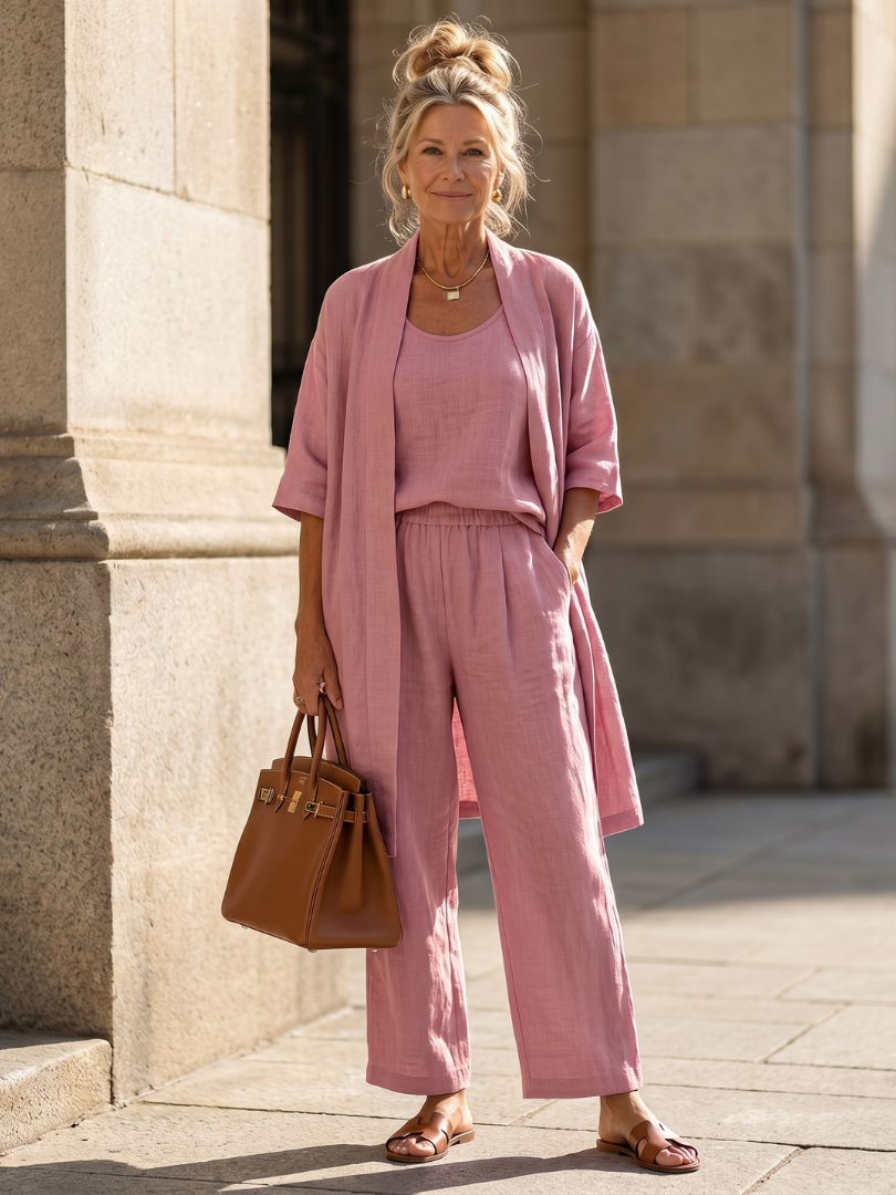 Ensemble détente trois pièces pour femme avec cardigan ouvert