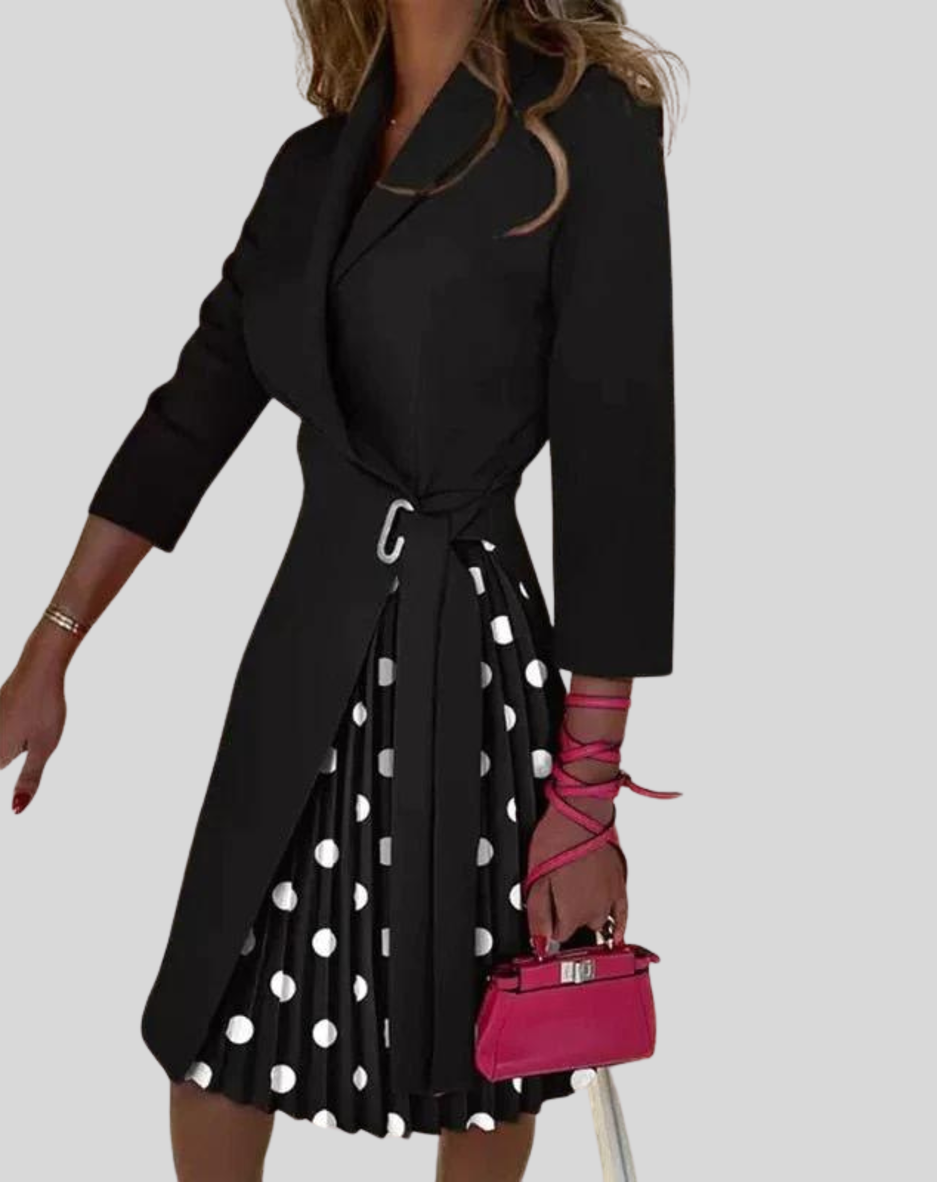 Women's Long Sleeve Belted Pleated Midi Dress