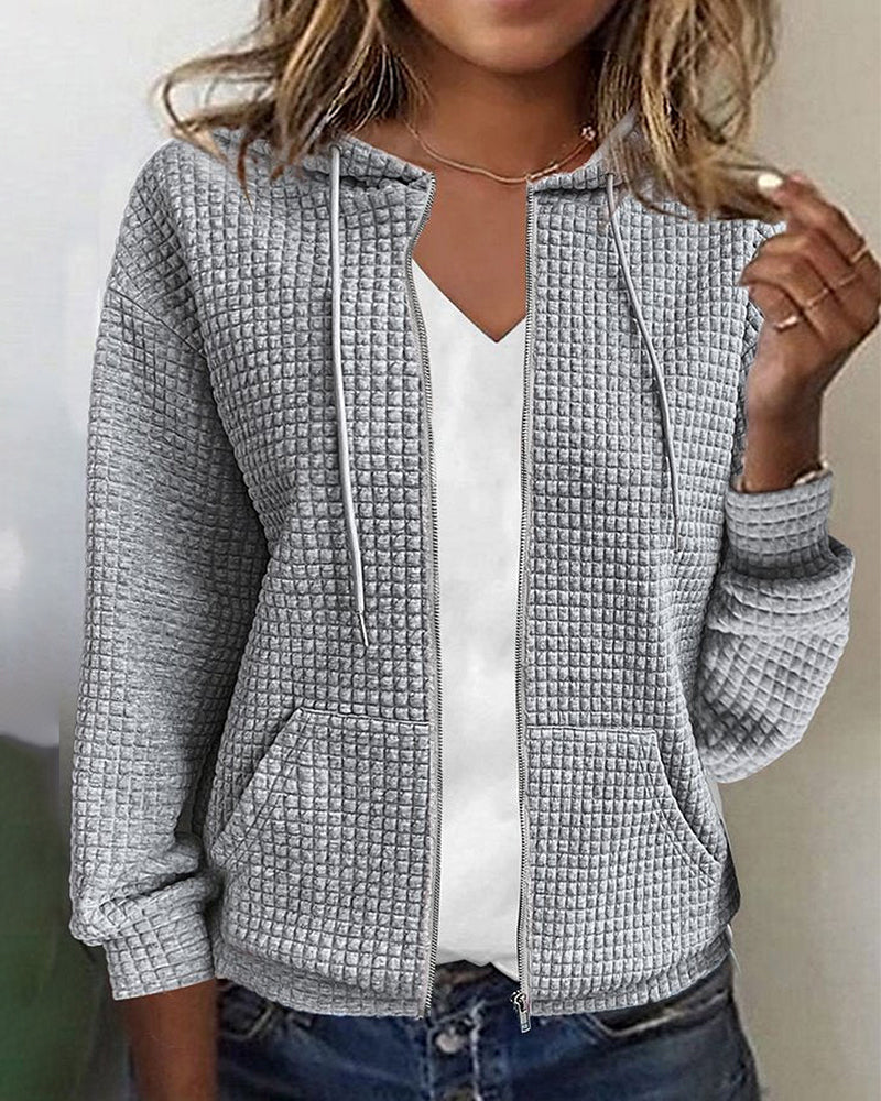 Felpa con cappuccio da donna in maglia waffle con zip e tasche