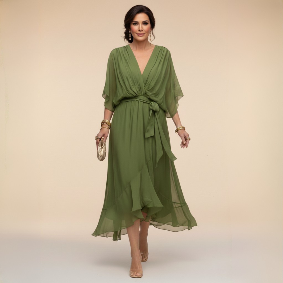 Robe midi pour femme avec col en V et taille ajustable
