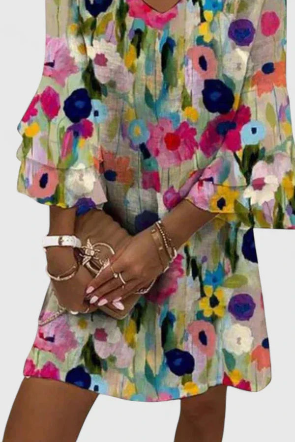 Women’s Floral Mini Dress with Flared Sleeves