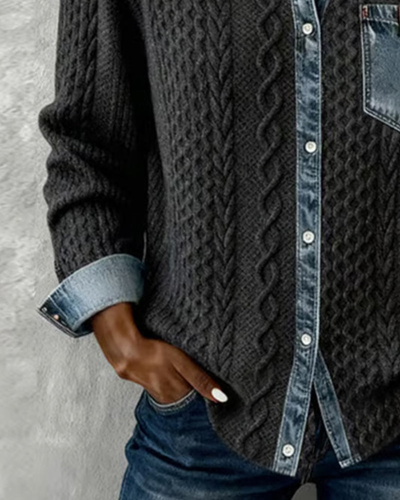 Women's Long Sleeve Shirt with Denim Details