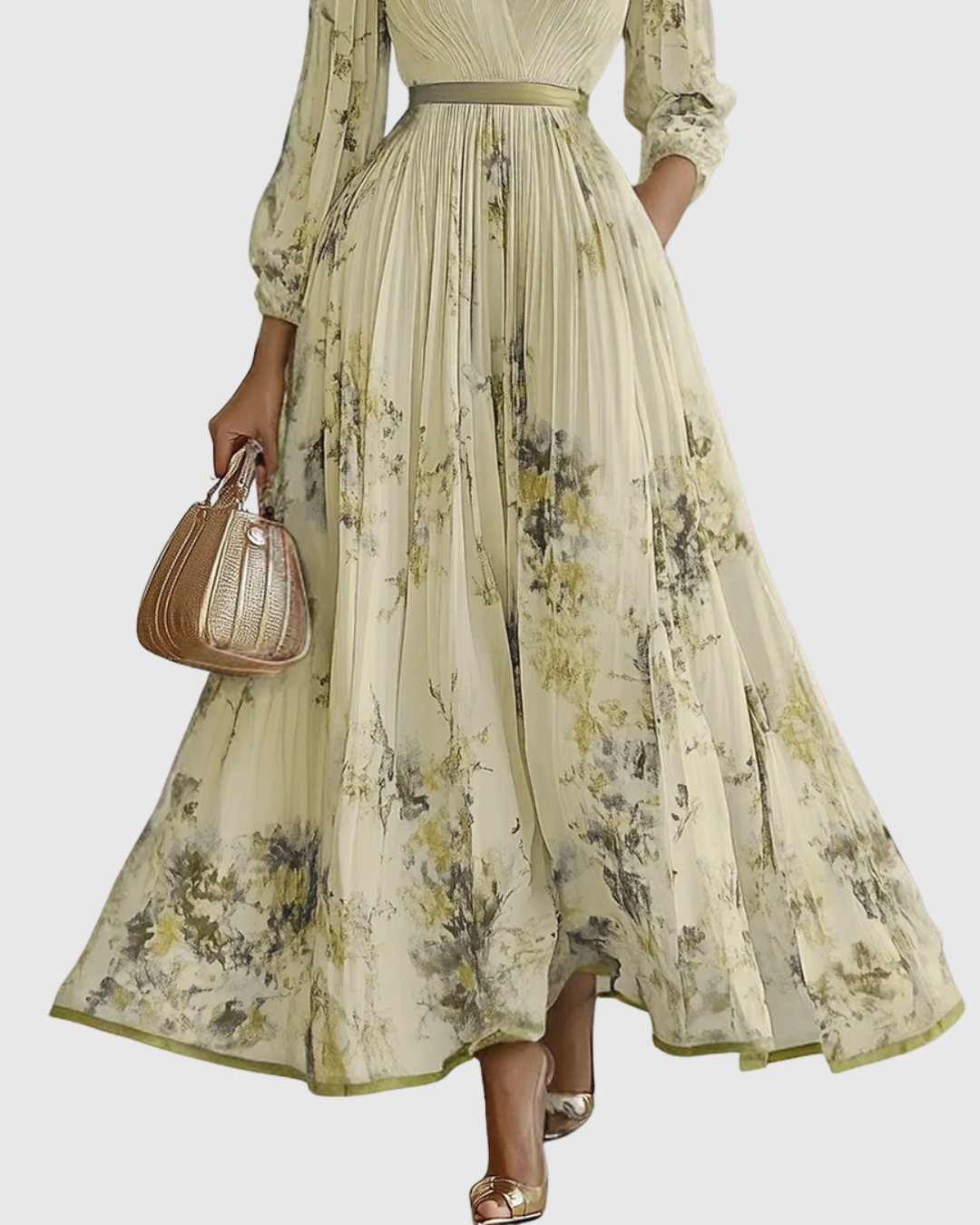 Pleated Maxi Dress with Long Sleeves for Women