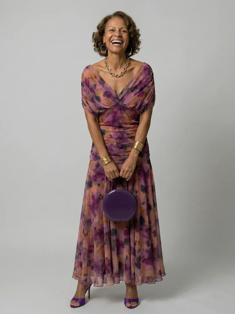 Robe maxi en mesh floral pour femme avec corsage froncé