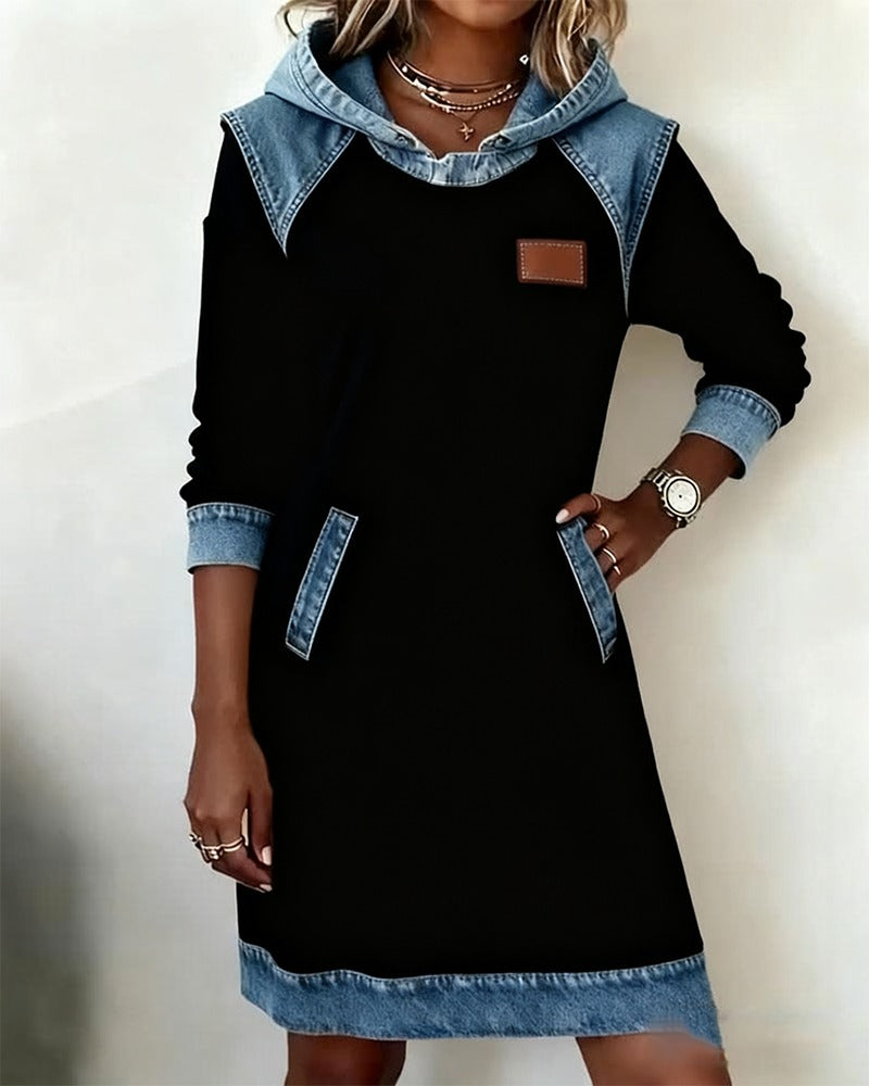 Women's Hooded Denim Accent Sweatshirt Dress with Pockets