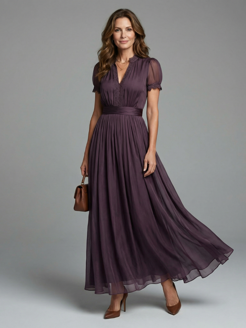 Robe maxi plissée pour femme avec col en V orné de dentelle