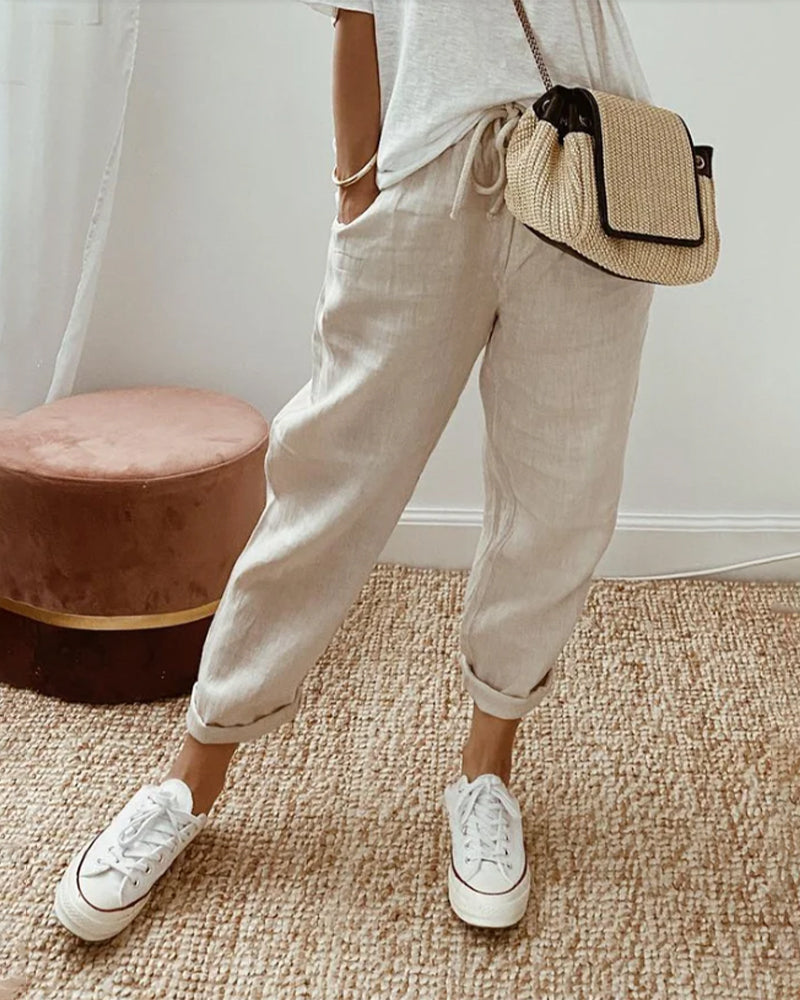 Pantalon femme à coupe décontractée et taille haute avec poches