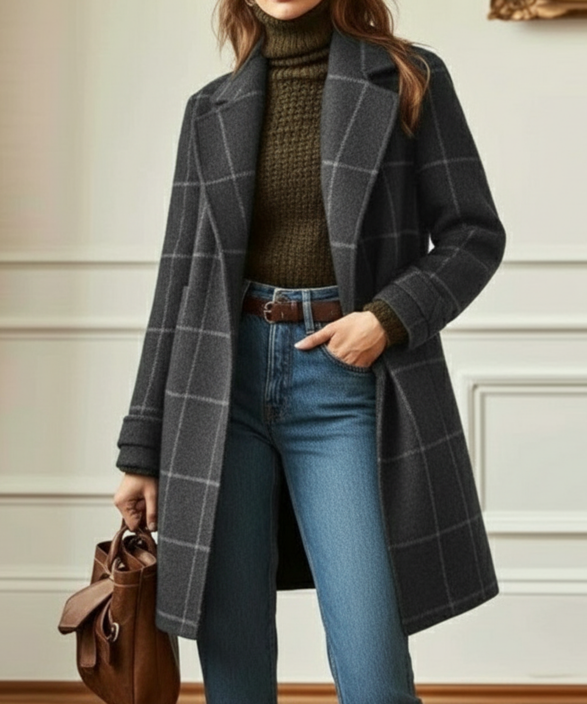 Manteau long à carreaux pour femme avec col cranté