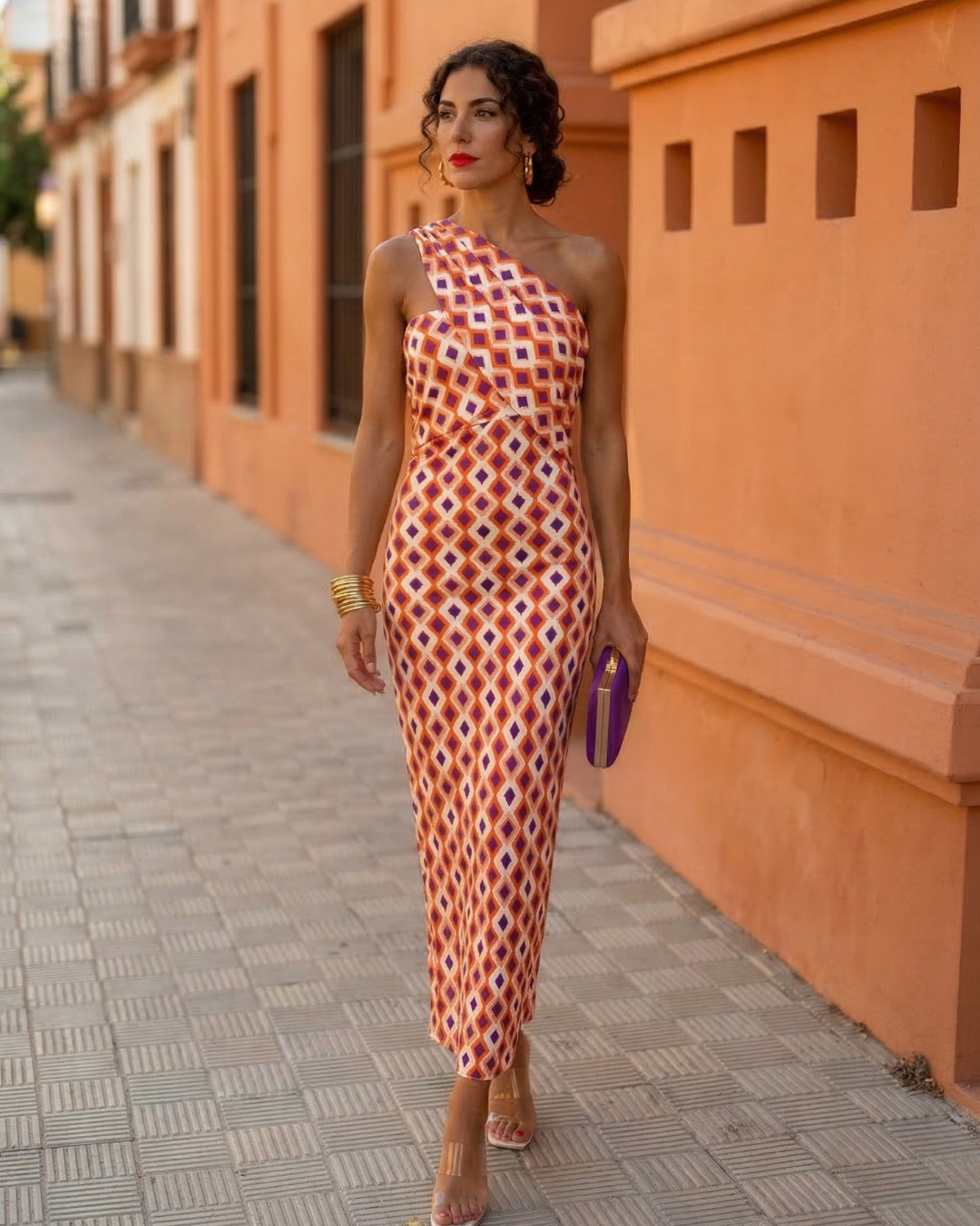 Robe midi moulante asymétrique à imprimé géométrique pour femme